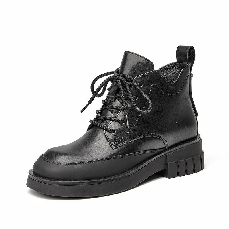 BeauToday Women Calfskin Round Toe Lace-Up Ankle Boots