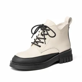 BeauToday Women Calfskin Round Toe Lace-Up Ankle Boots
