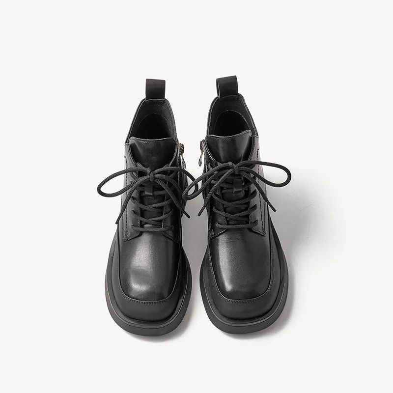 BeauToday Women Calfskin Round Toe Lace-Up Ankle Boots