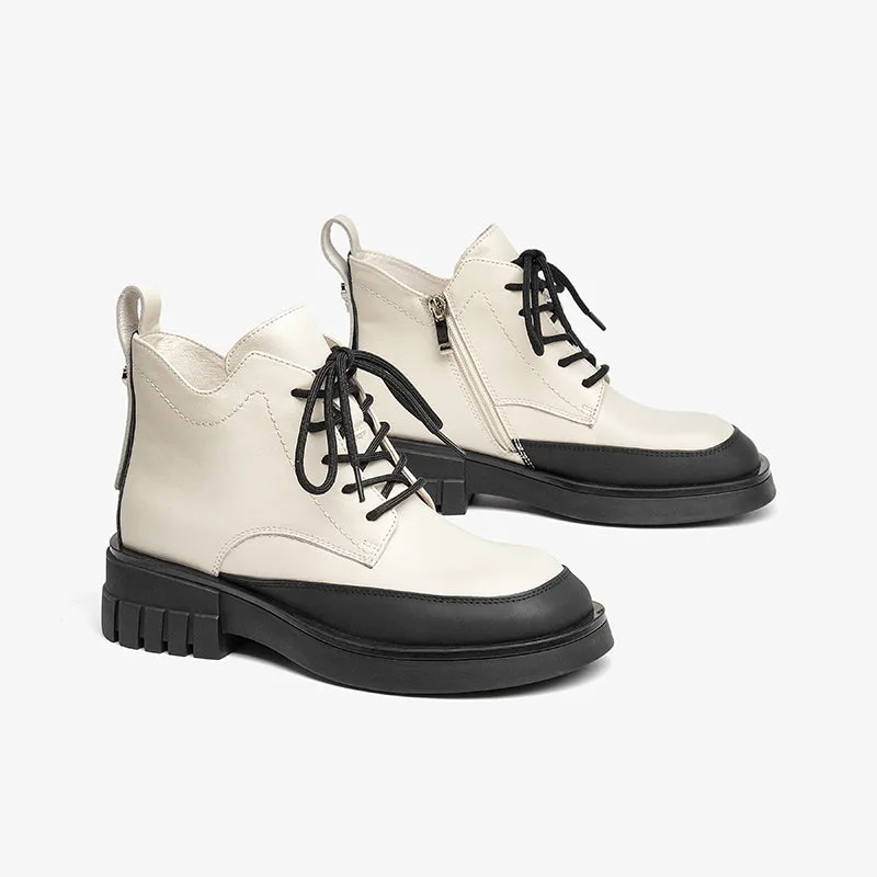 BeauToday Women Calfskin Round Toe Lace-Up Ankle Boots