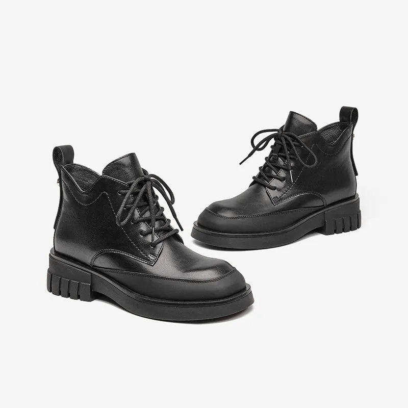 BeauToday Women Calfskin Round Toe Lace-Up Ankle Boots