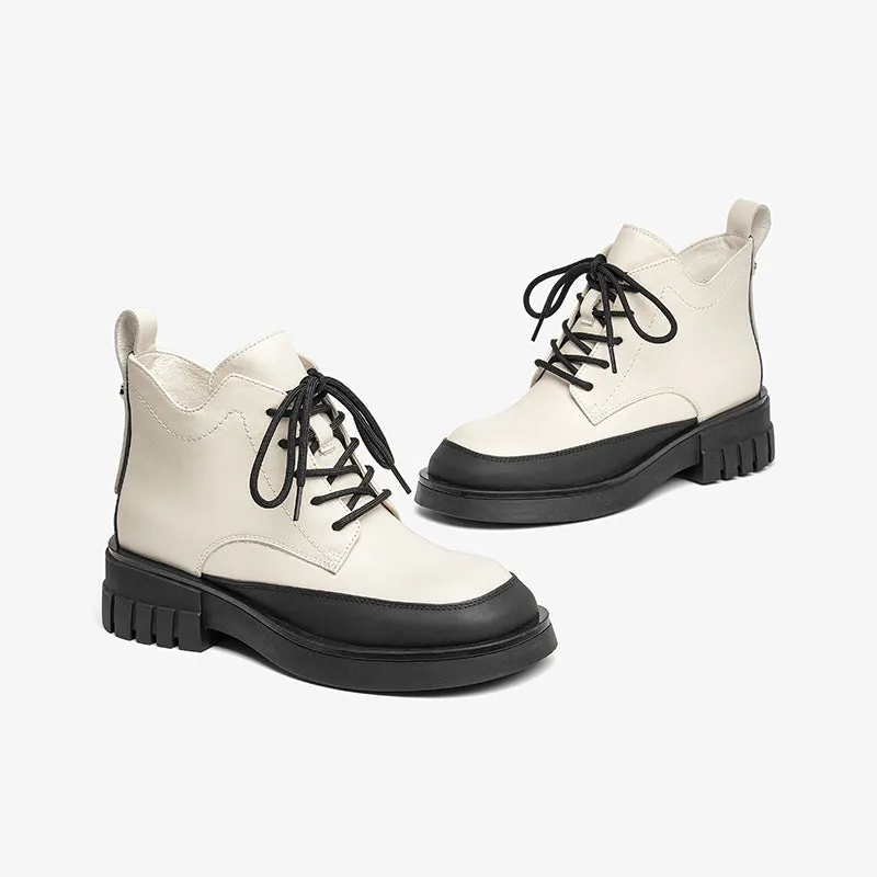 BeauToday Women Calfskin Round Toe Lace-Up Ankle Boots