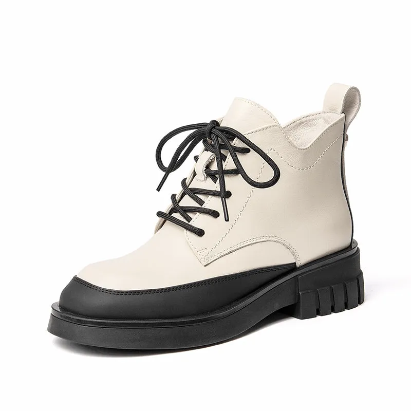 BeauToday Women Calfskin Round Toe Lace-Up Ankle Boots