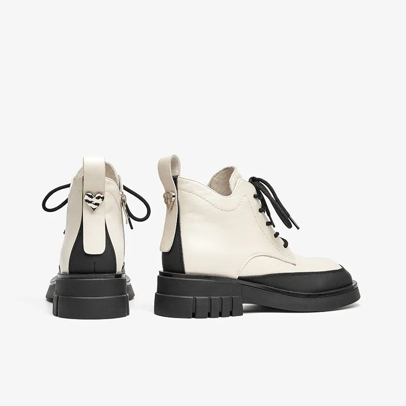 BeauToday Women Calfskin Round Toe Lace-Up Ankle Boots