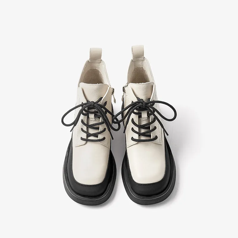 BeauToday Women Calfskin Round Toe Lace-Up Ankle Boots
