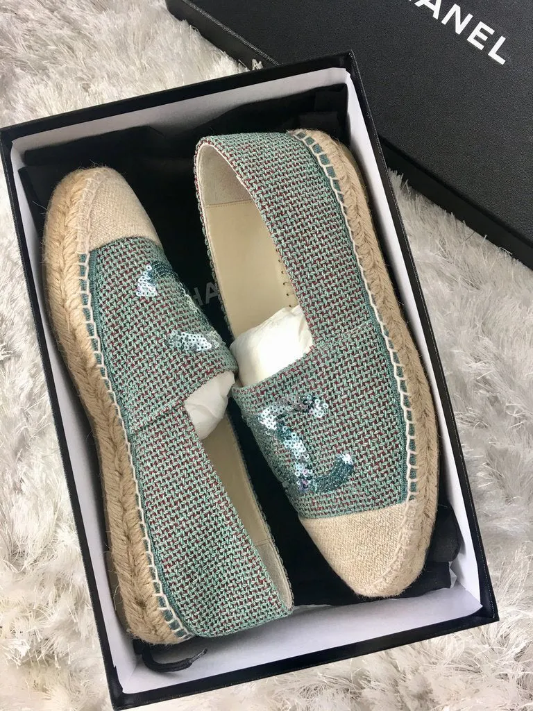 Chanel Green/Beige Canvas Sequin CC Espadrille Flats