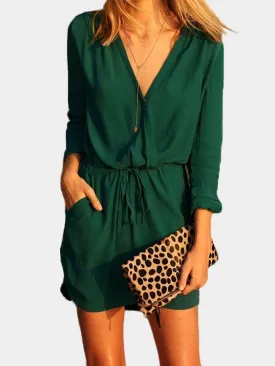 Green V-neck Drawstring Waist 3-4 Length Sleeves Dress with See-through Design