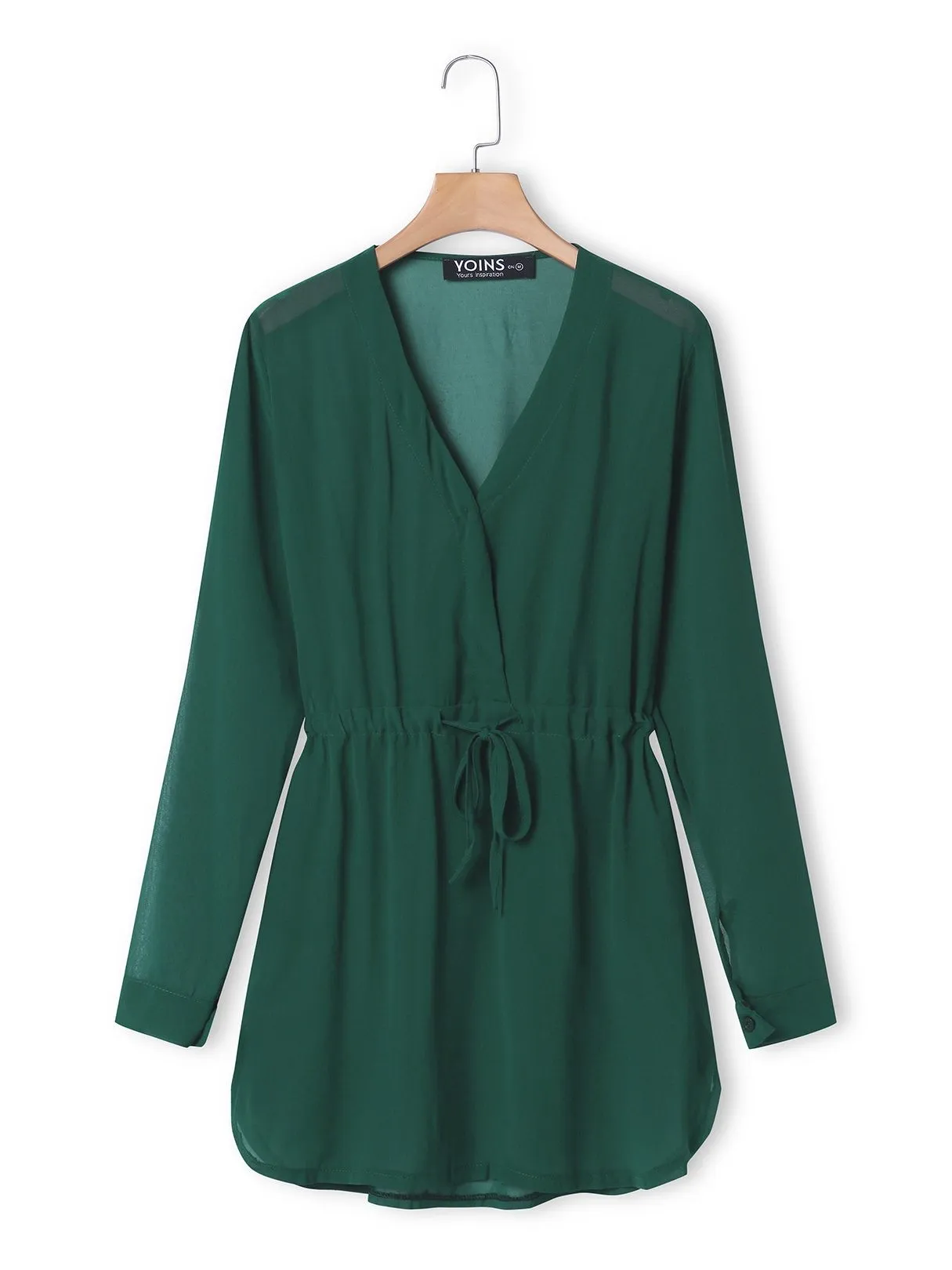Green V-neck Drawstring Waist 3-4 Length Sleeves Dress with See-through Design