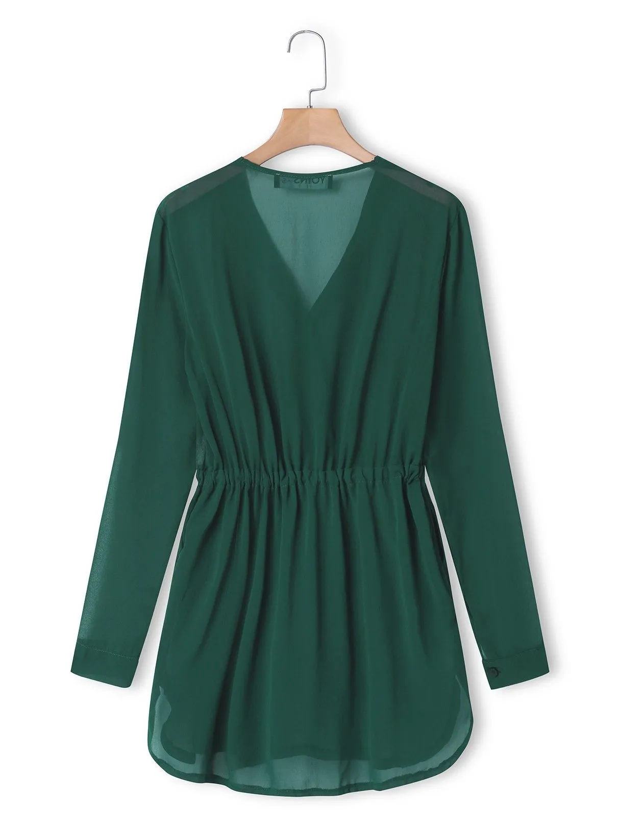 Green V-neck Drawstring Waist 3-4 Length Sleeves Dress with See-through Design