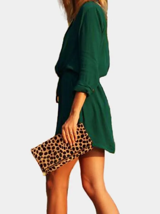 Green V-neck Drawstring Waist 3-4 Length Sleeves Dress with See-through Design