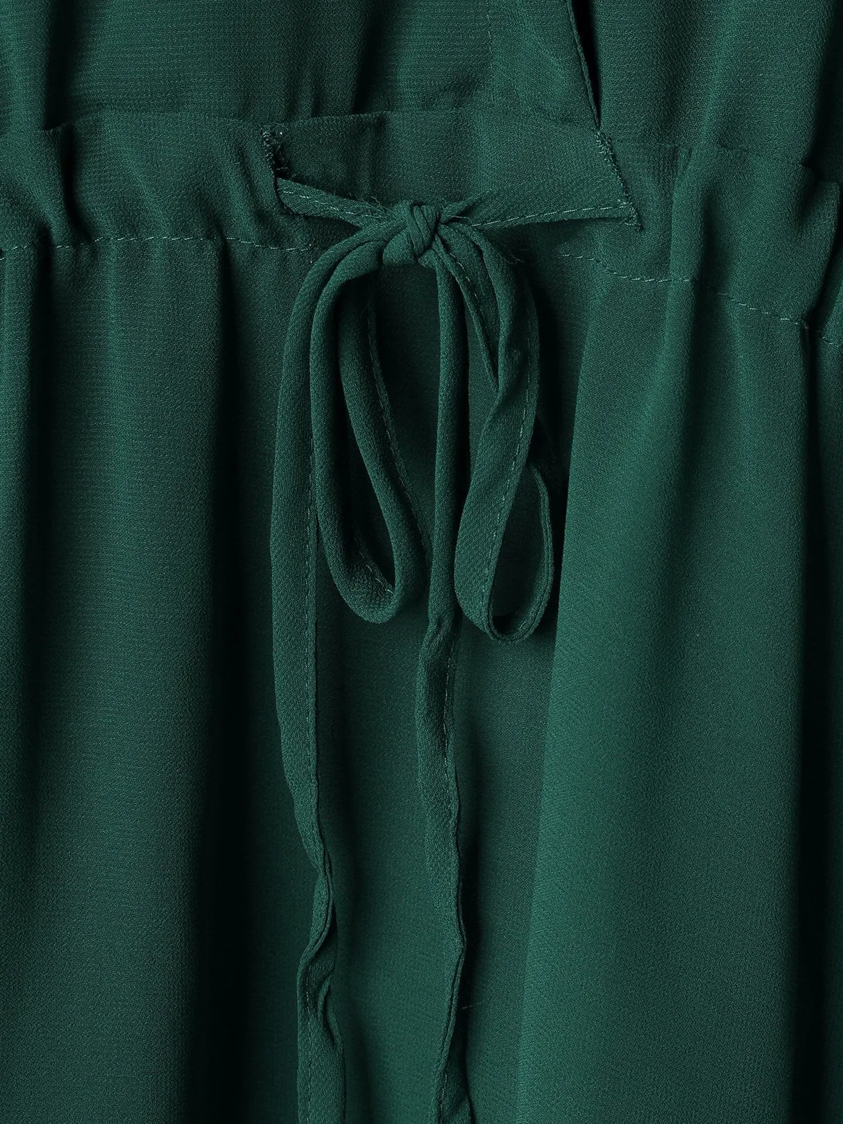 Green V-neck Drawstring Waist 3-4 Length Sleeves Dress with See-through Design