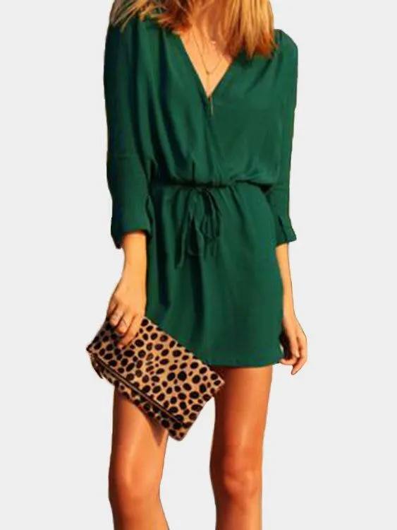 Green V-neck Drawstring Waist 3-4 Length Sleeves Dress with See-through Design